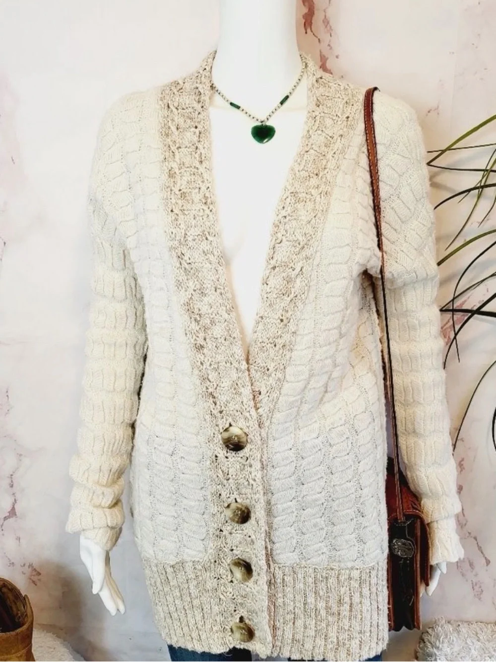 Free People Cream Cable Knit Button-Front Cardigan